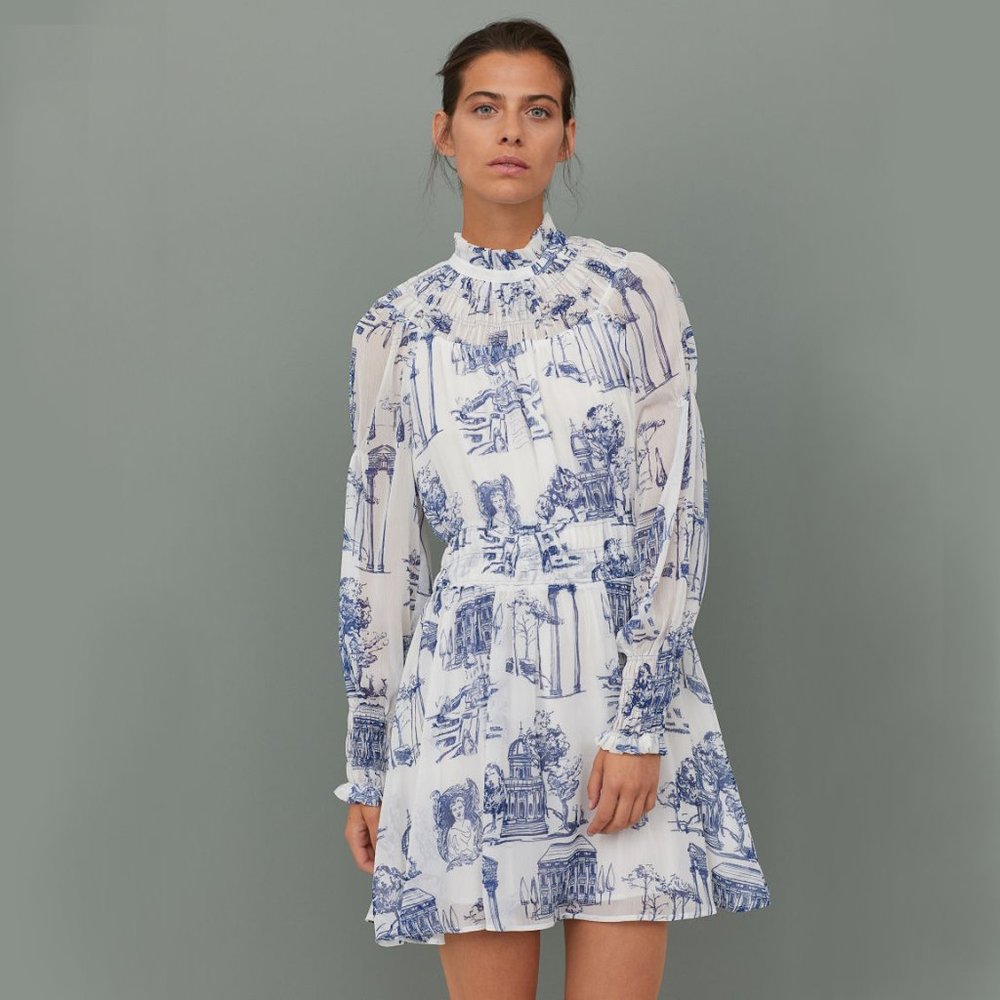 White & Blue Chiffon Patterned Dress with Smocking